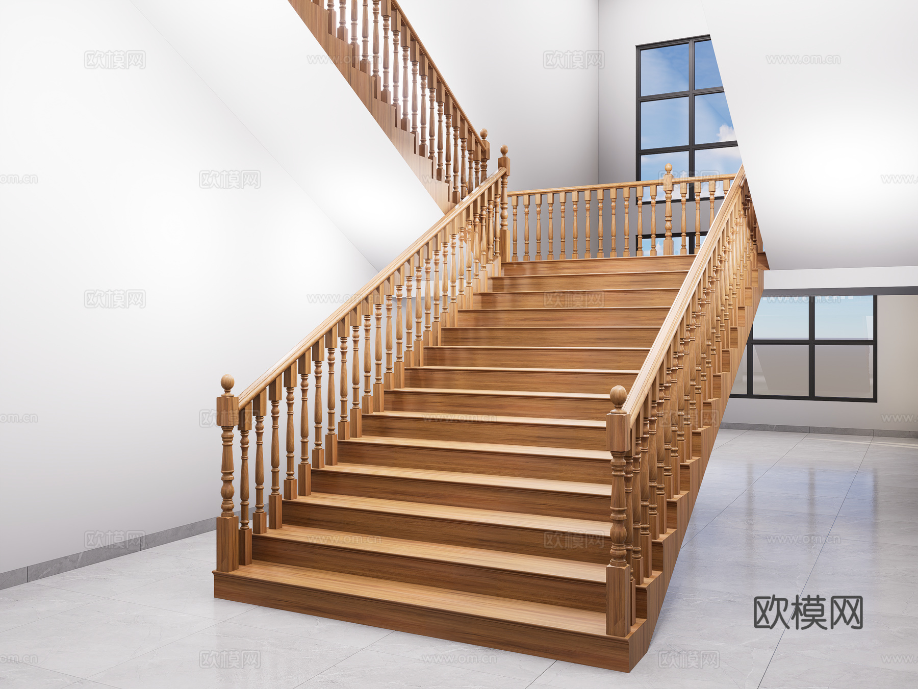 欧式木质扶手楼梯 欧式木扶手楼梯 实木双跑楼梯扶手 转角楼梯3d模型下载（渲染图2）