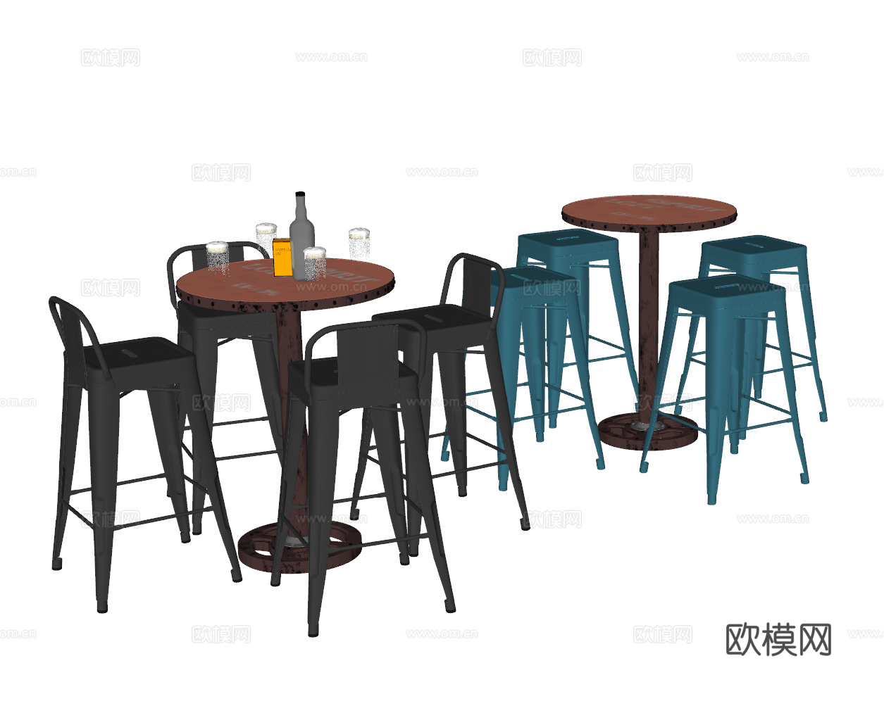 工业LOFT 吧台椅组合 吧台吧椅 酒吧吧台 工业风吧椅 圆su模型