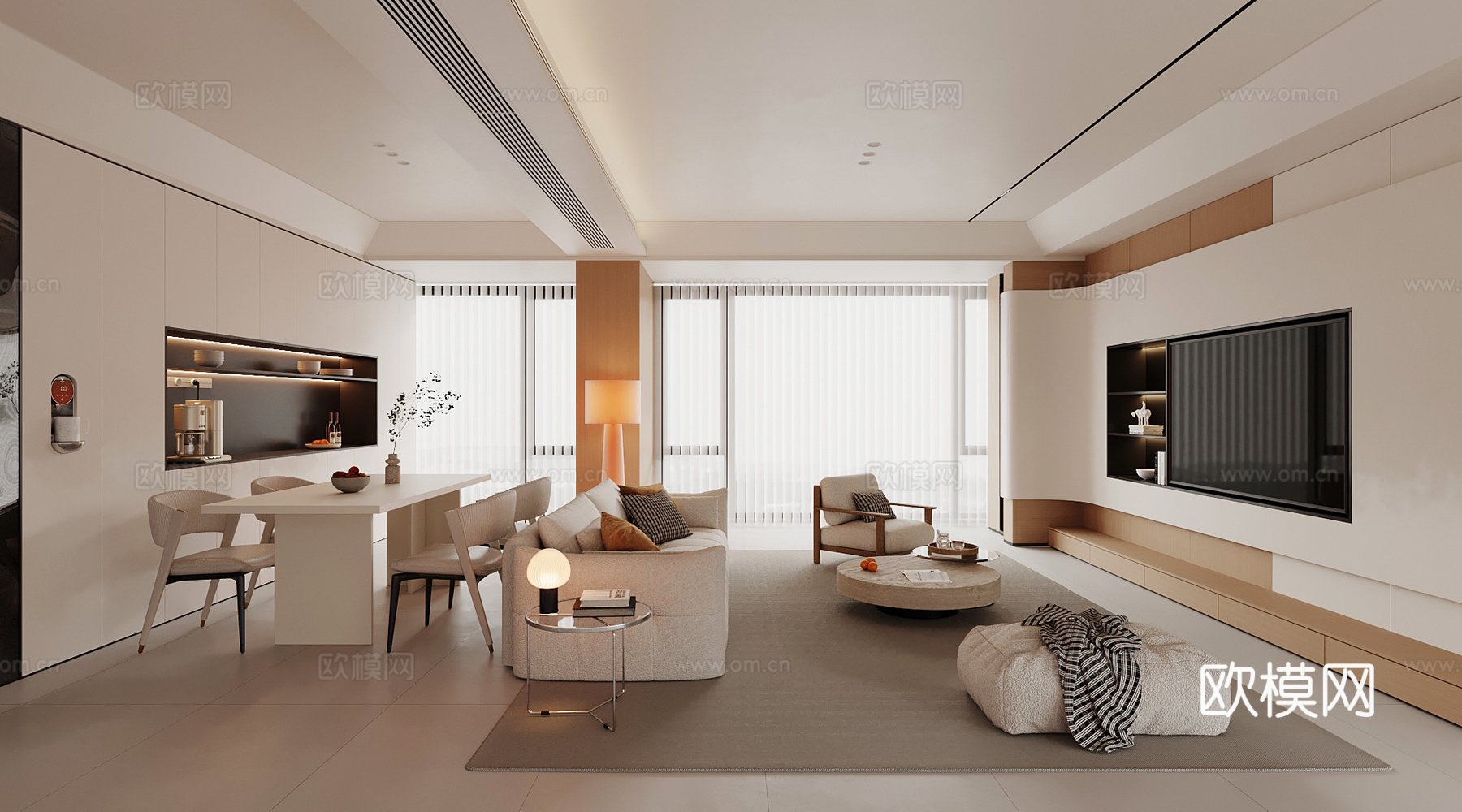 现代奶油风客餐厅 沙发茶几组合 电视背景墙 茶桌椅 酒柜su模型