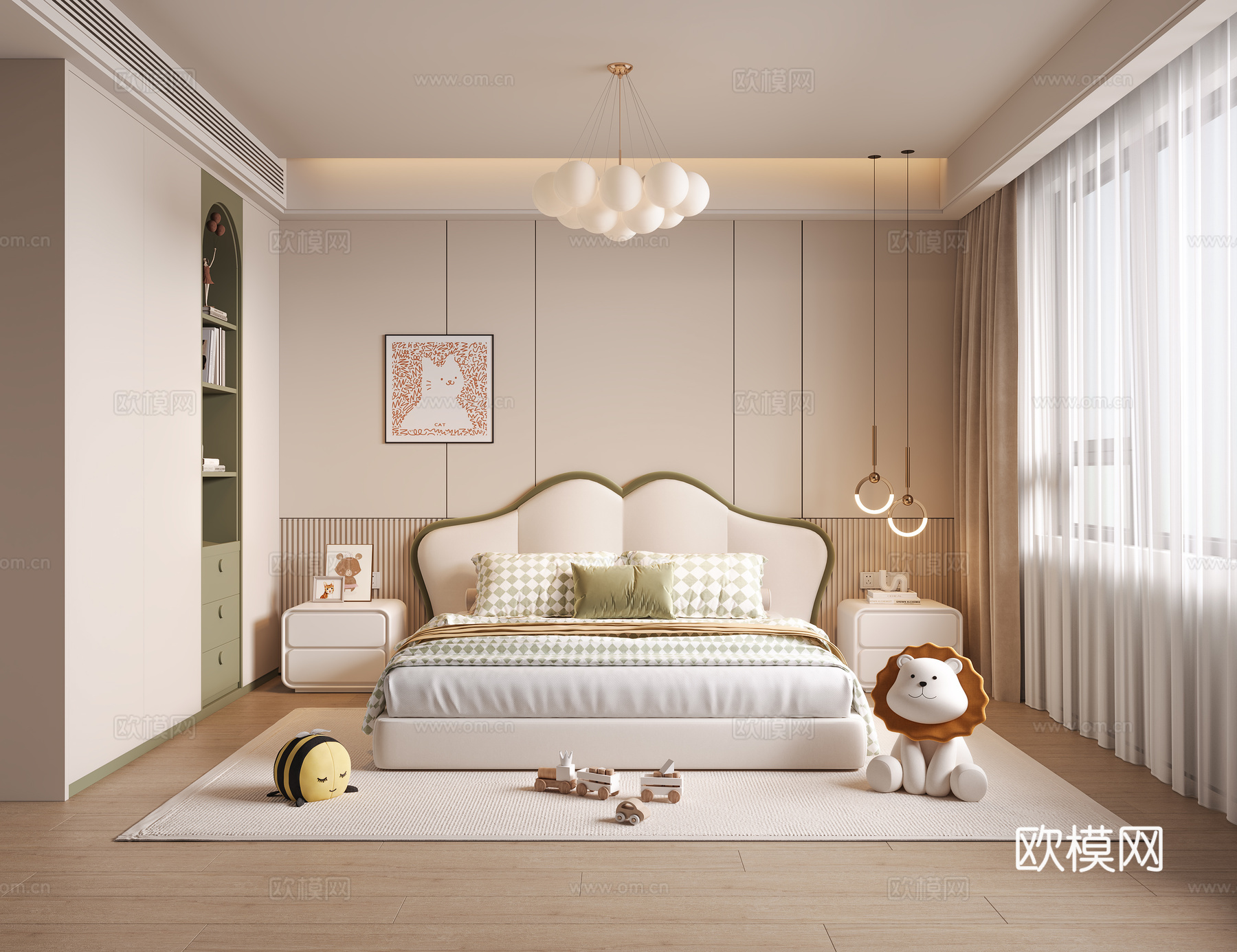 现代女孩房 儿童床 衣柜 床头柜 吊灯 装饰画 玩偶3d模型下载