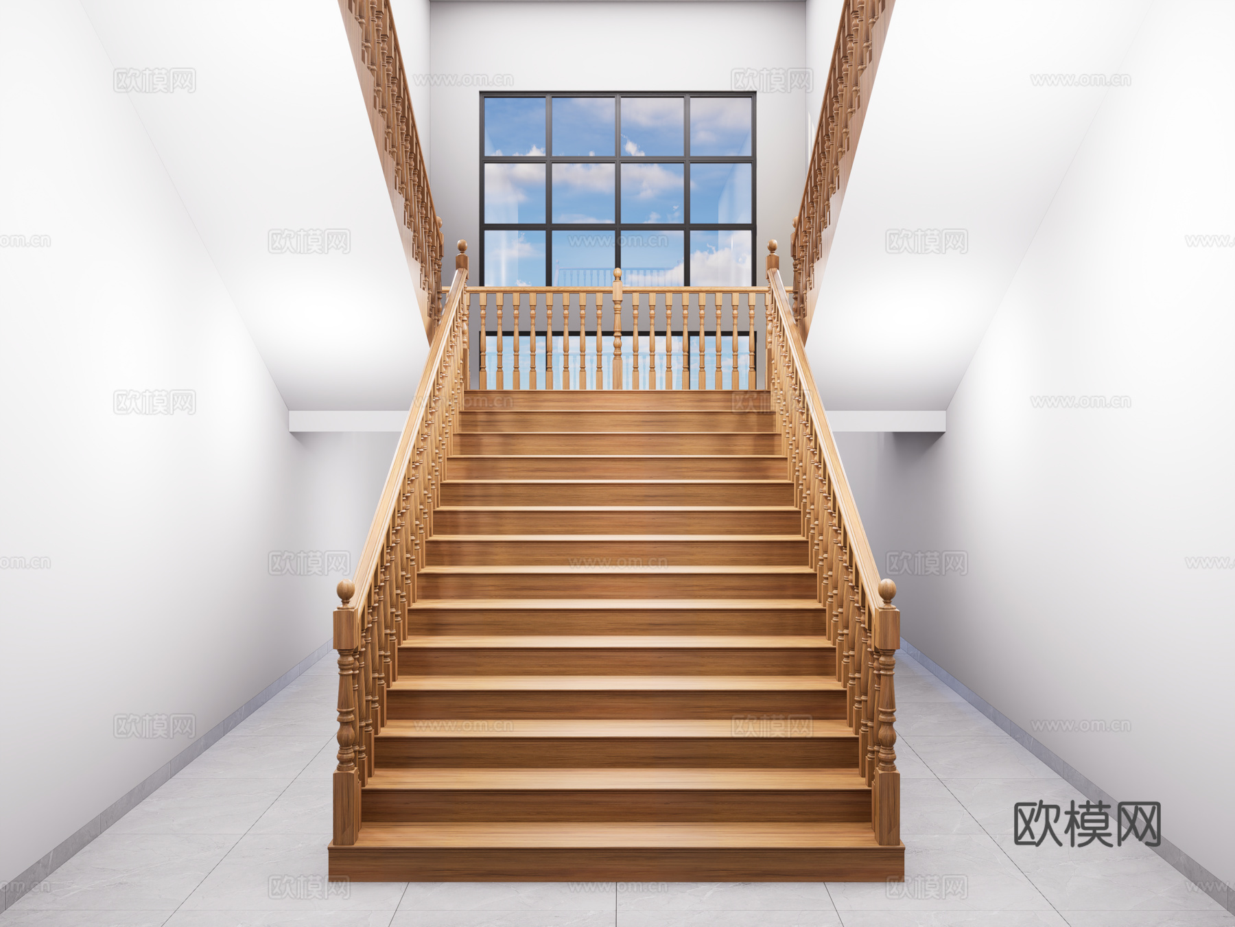 欧式木质扶手楼梯 欧式木扶手楼梯 实木双跑楼梯扶手 转角楼梯3d模型下载（渲染图1）