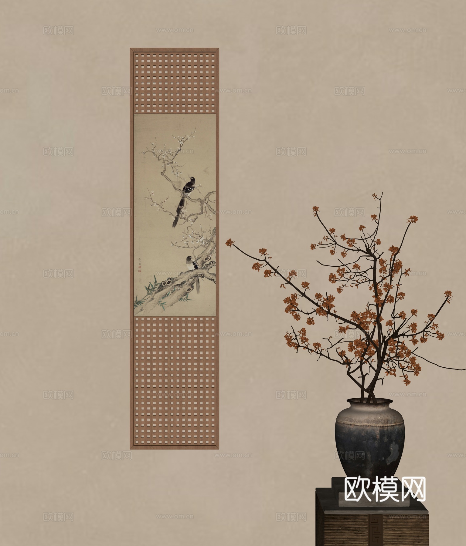中式装饰挂画 花艺花瓶摆件su模型