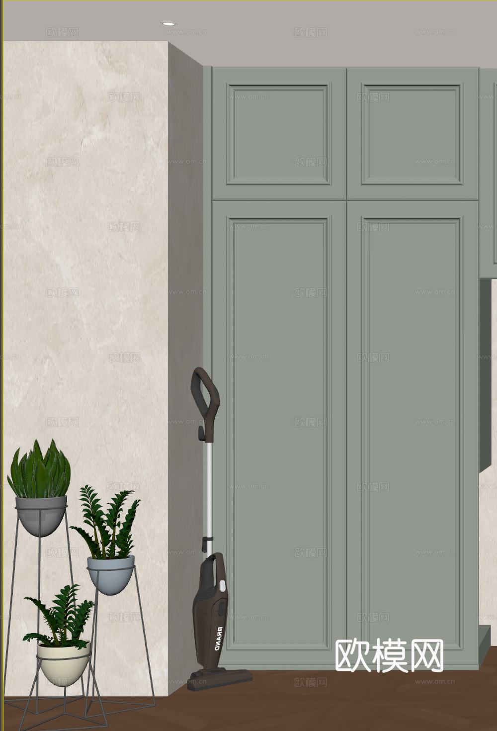 现代阳台盆栽组合 洗地机铁艺小绿植 植物架花卉架 米色墙面瓷3d模型下载（渲染图2）