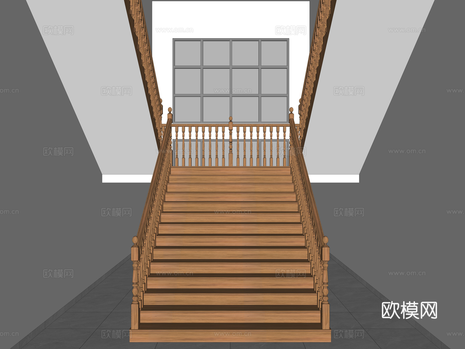欧式木质扶手楼梯 欧式木扶手楼梯 实木双跑楼梯扶手 转角楼梯3d模型下载（渲染图4）