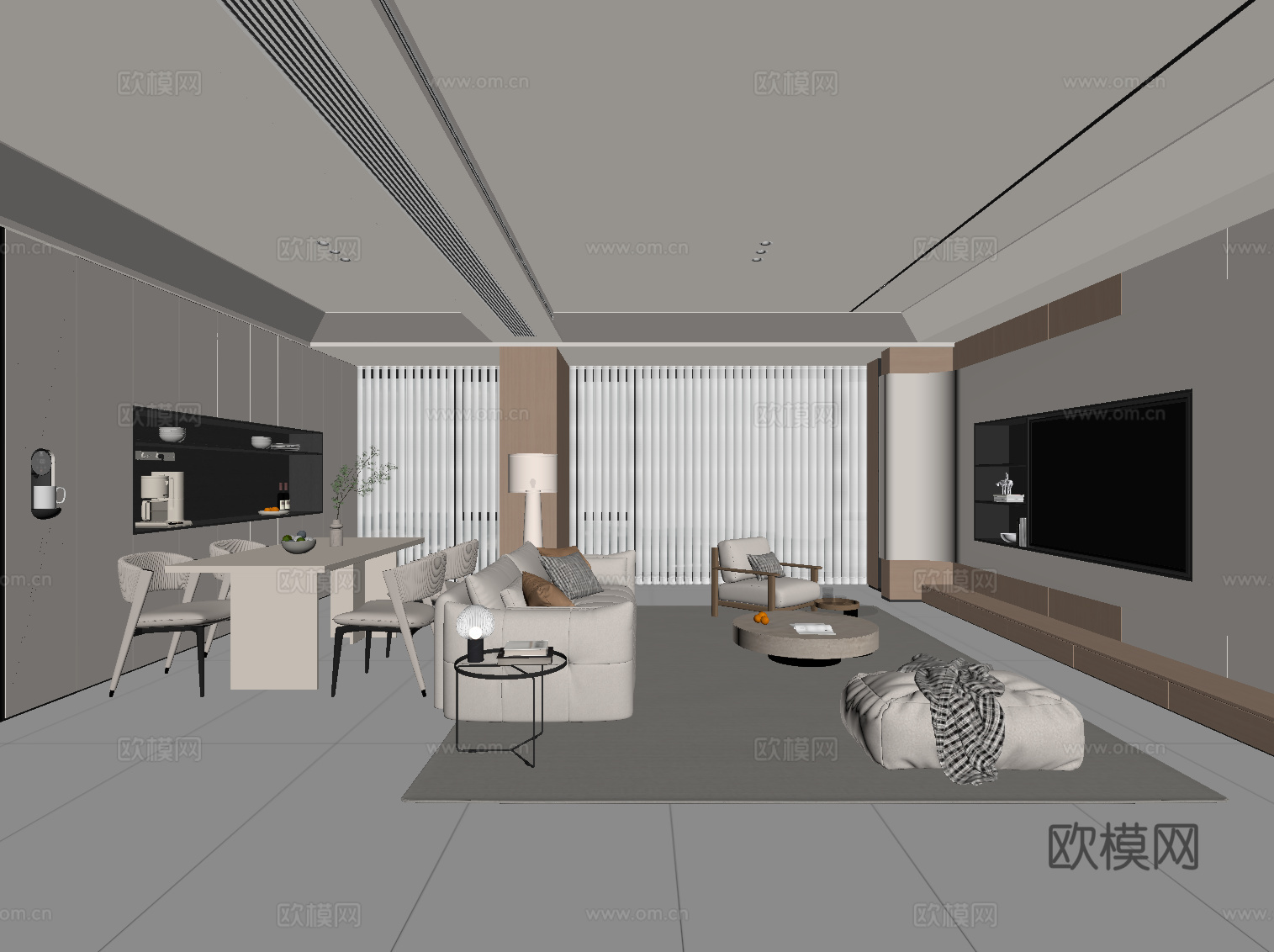 现代奶油风客餐厅 沙发茶几组合 电视背景墙 茶桌椅 酒柜su模型