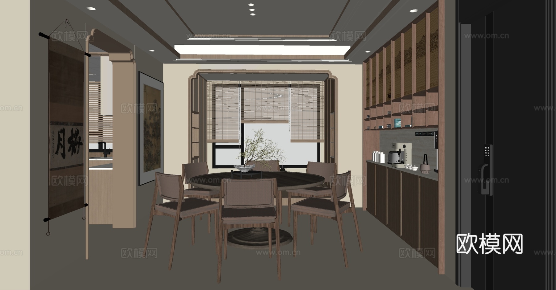新中式禅意餐厅 实木餐桌椅组合 餐边柜 茶水柜 茶柜 茶叶柜su模型