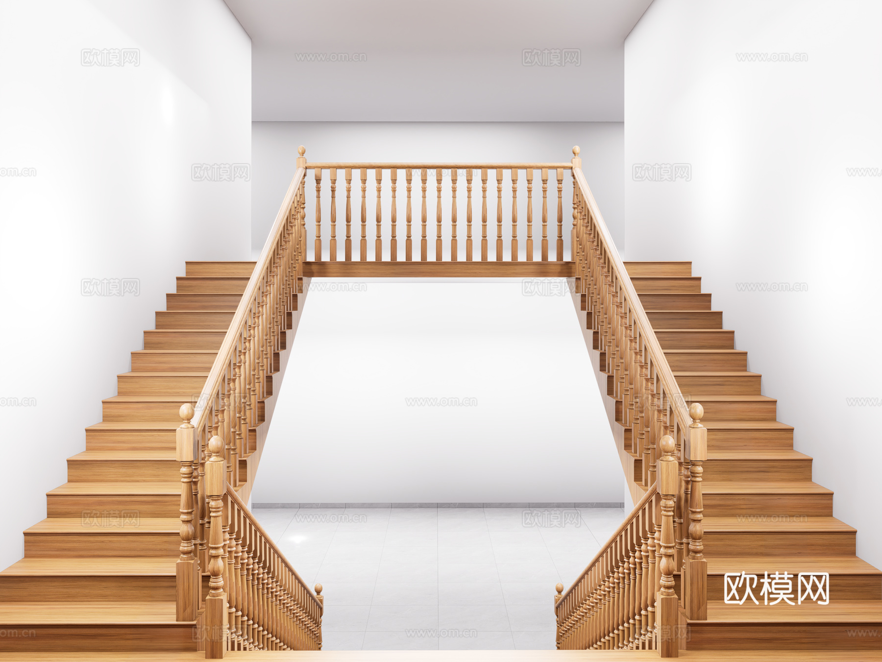 欧式木质扶手楼梯 欧式木扶手楼梯 实木双跑楼梯扶手 转角楼梯3d模型下载（渲染图3）
