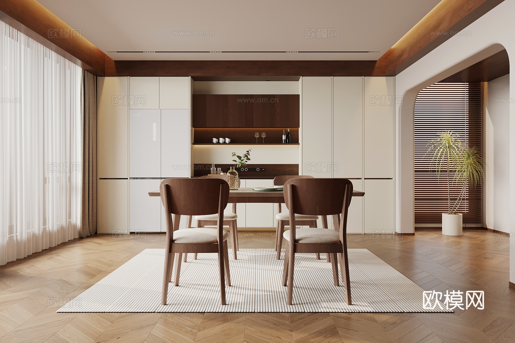 中古风餐厅 餐桌椅 酒柜3d模型下载