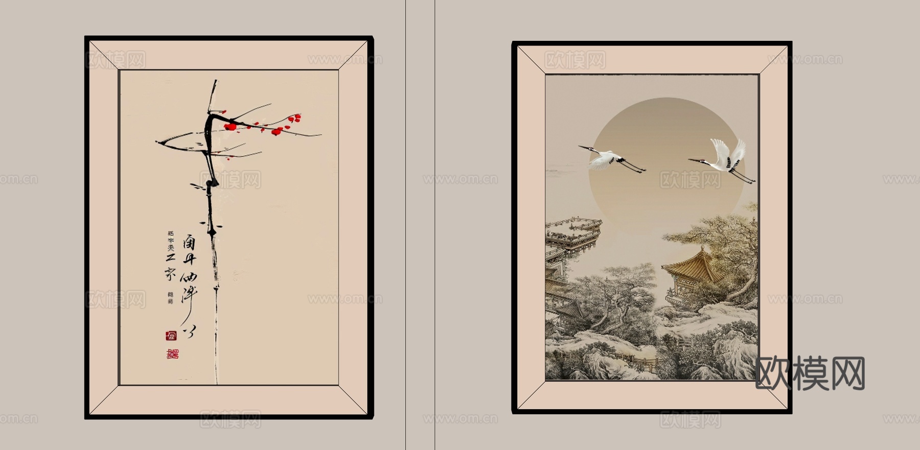 新中式禅意组合挂画su模型