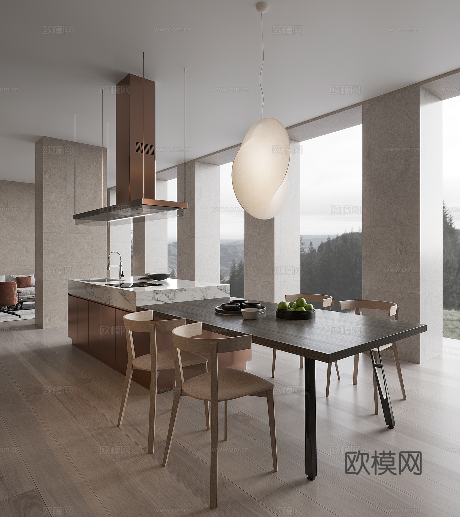 岛台厨房 现代厨房 别墅厨房 开放式厨房 厨房饰品3d模型下载（渲染图3）