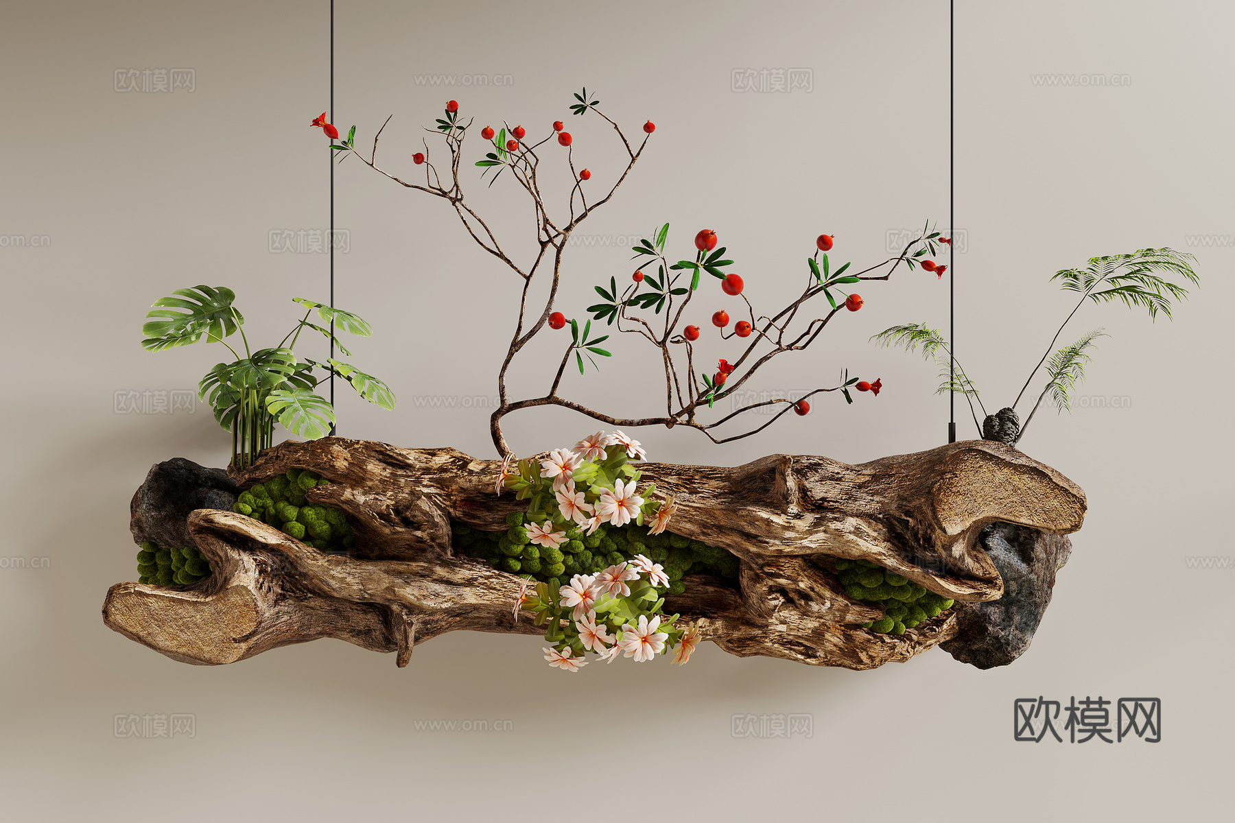 枯木绿植装置 绿植吊饰 枯木 艺术装置 挂件墙饰su模型
