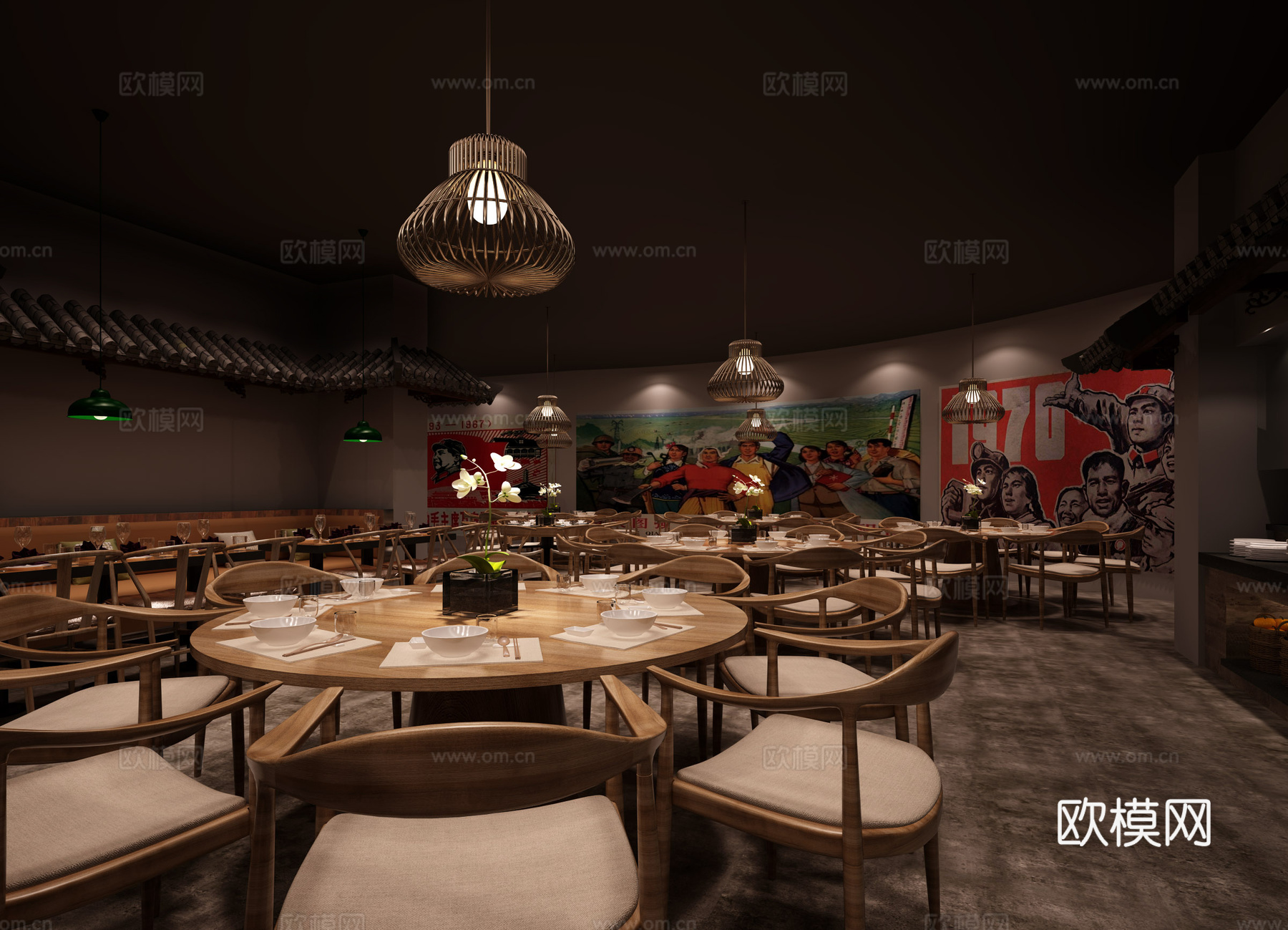 新中式红色经典 日式 餐厅3d模型下载