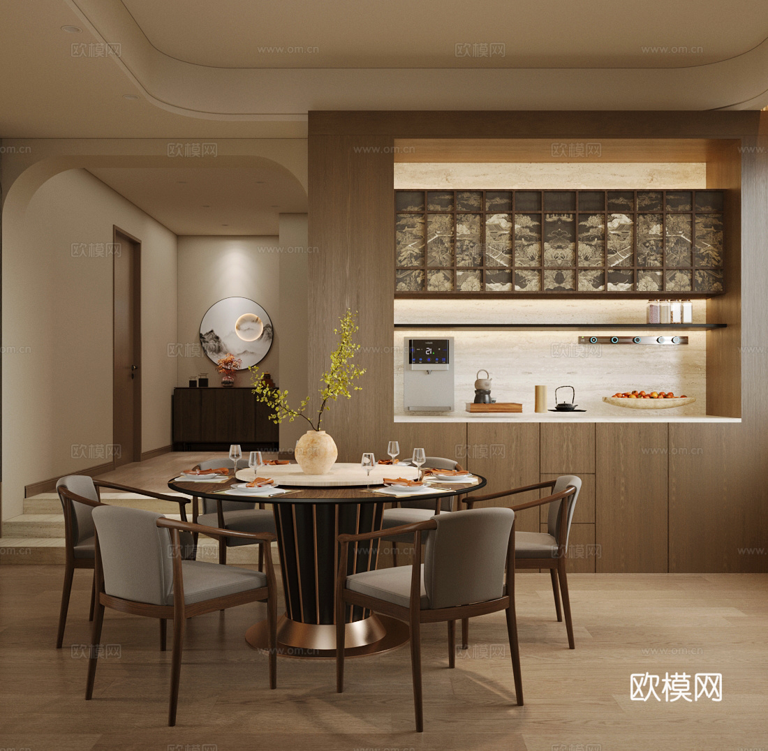 新中式餐厅 中式餐厅 宋式美学餐厅 中古风餐厅 开放式餐厅3d模型下载