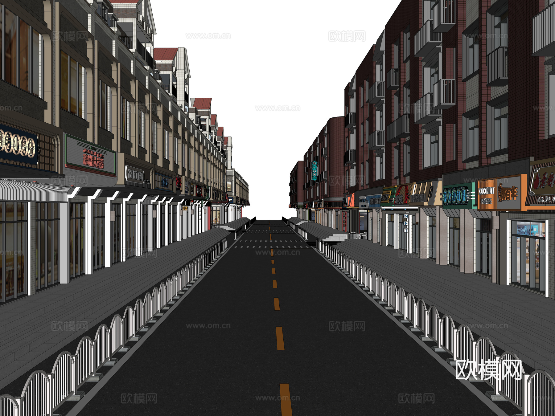 现代商业街 步行美食街 店铺门头 沿街商业街 小吃美食街3d模型下载（渲染图4）