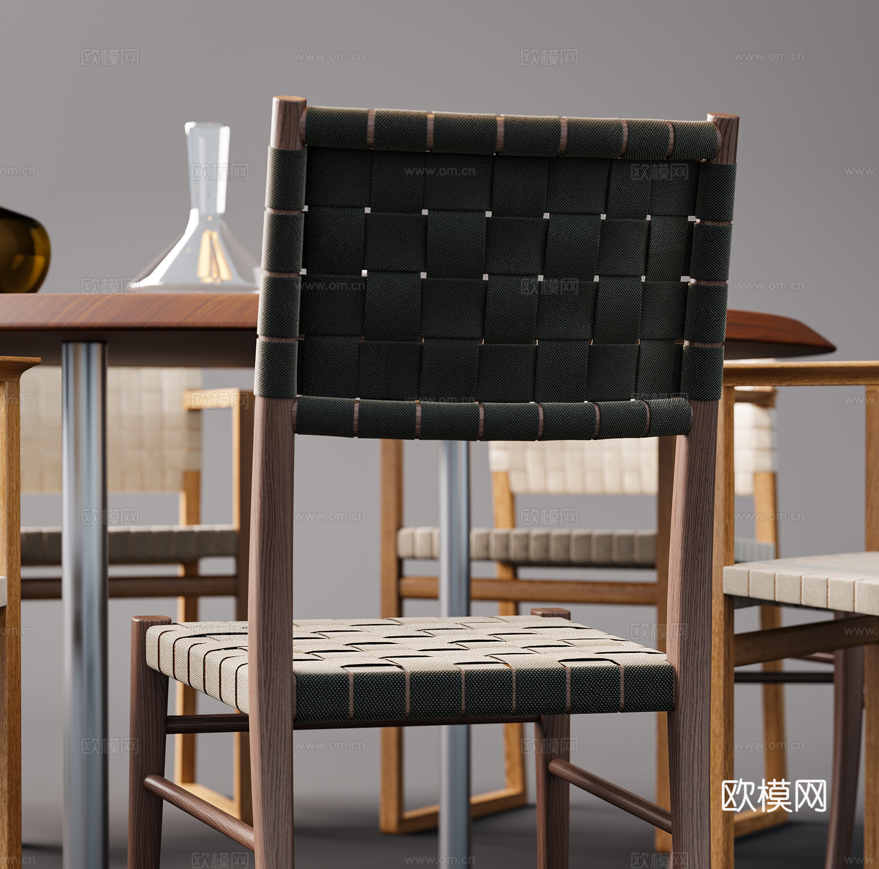 现代休闲桌椅 圆形餐桌 藤编单椅 吊灯玻璃杯3d模型下载（渲染图2）