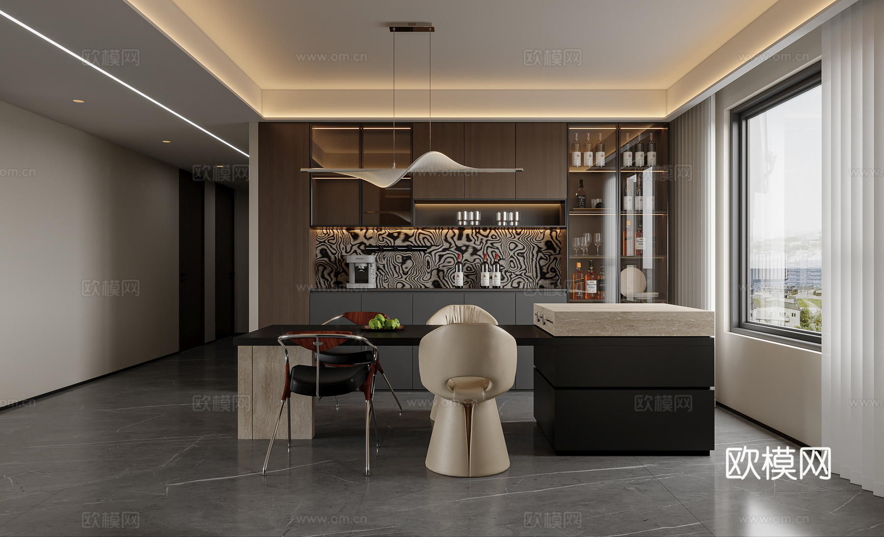 意式轻奢客餐厅3d模型下载（渲染图3）