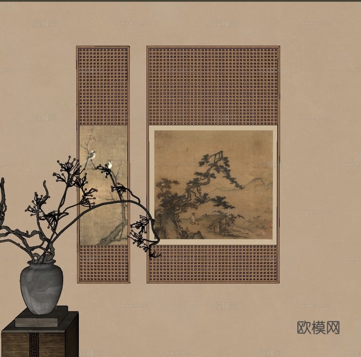 中式装饰挂画 花艺花瓶摆件su模型