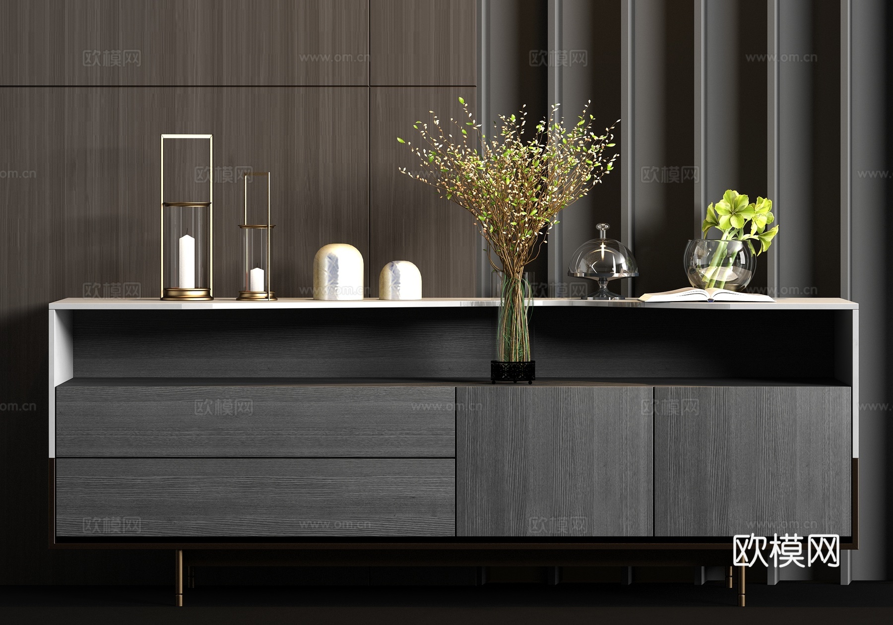 新中式实木大理石端景柜饰品组合3d模型下载