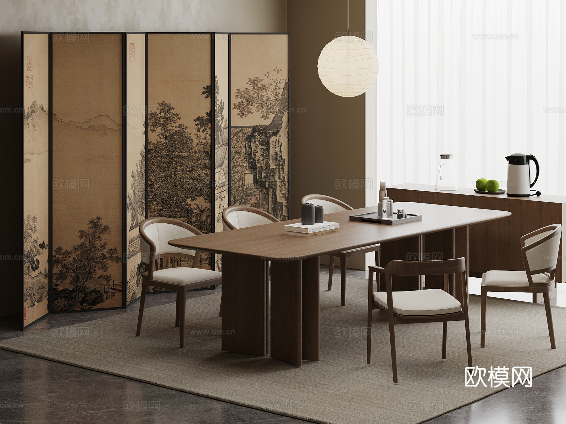 新中式餐厅 餐桌椅 餐边柜3d模型下载