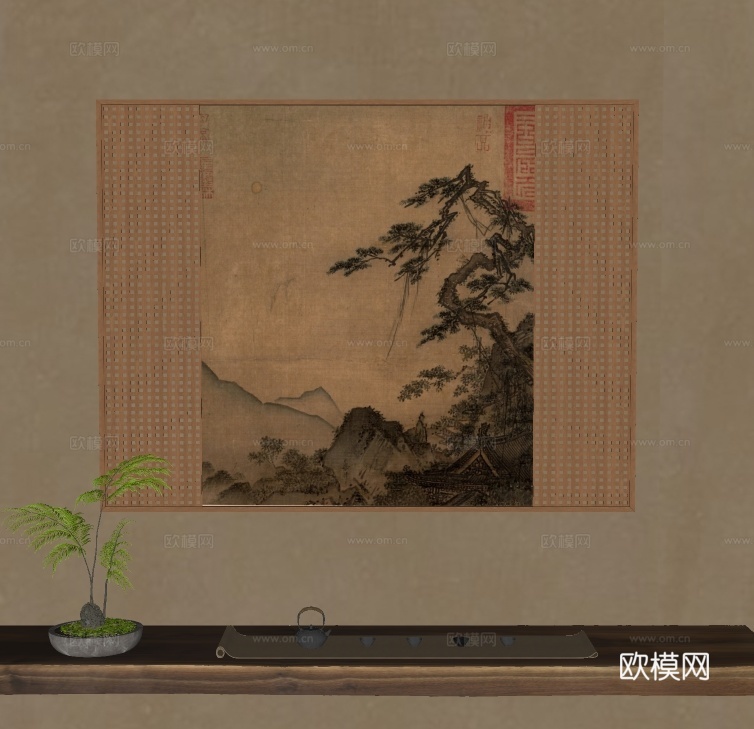 中式装饰挂画 绿植摆件su模型
