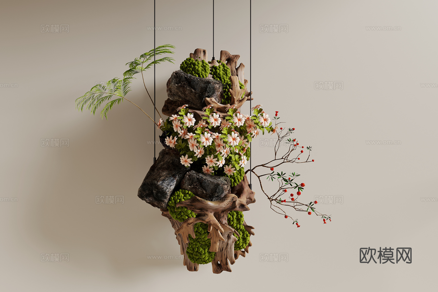 枯木绿植装置 艺术装置 枯木 绿植吊饰 墙饰su模型