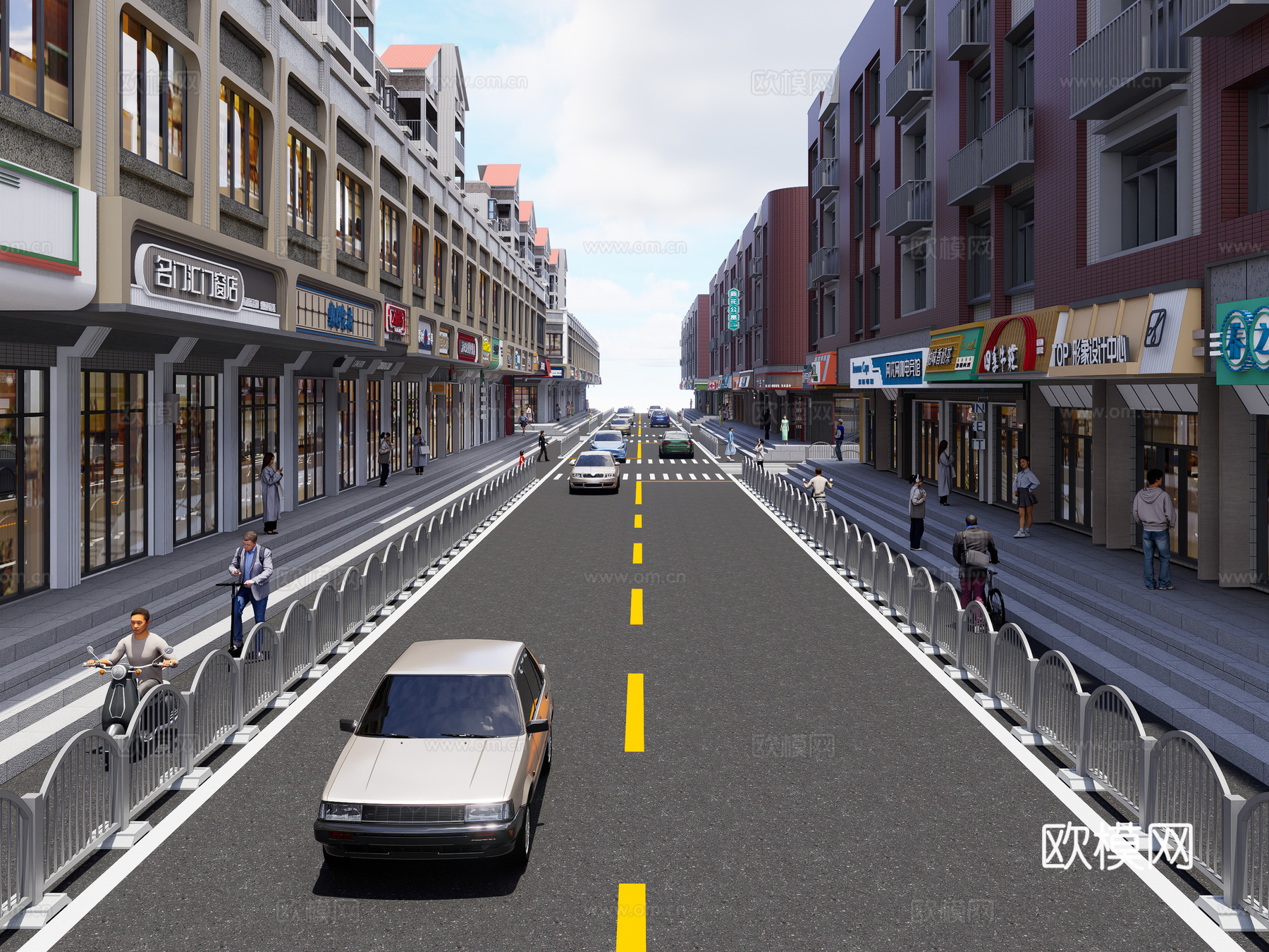 现代商业街 步行美食街 店铺门头 沿街商业街 小吃美食街3d模型下载（渲染图1）