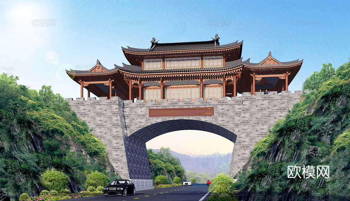 中式古建筑城门 古建城楼su模型