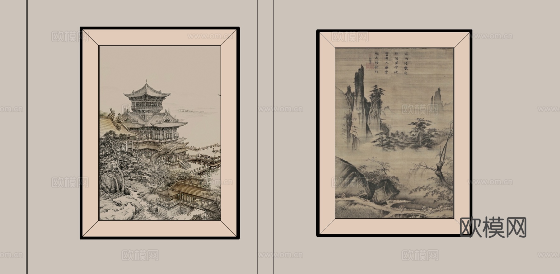 新中式禅意组合挂画su模型