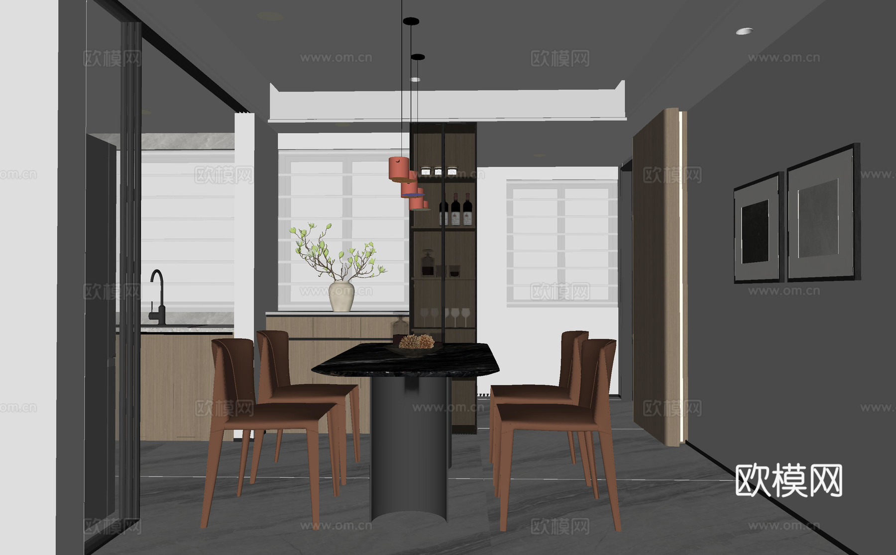 现代餐厅 酒柜 吊灯 挂画 餐桌组合su模型