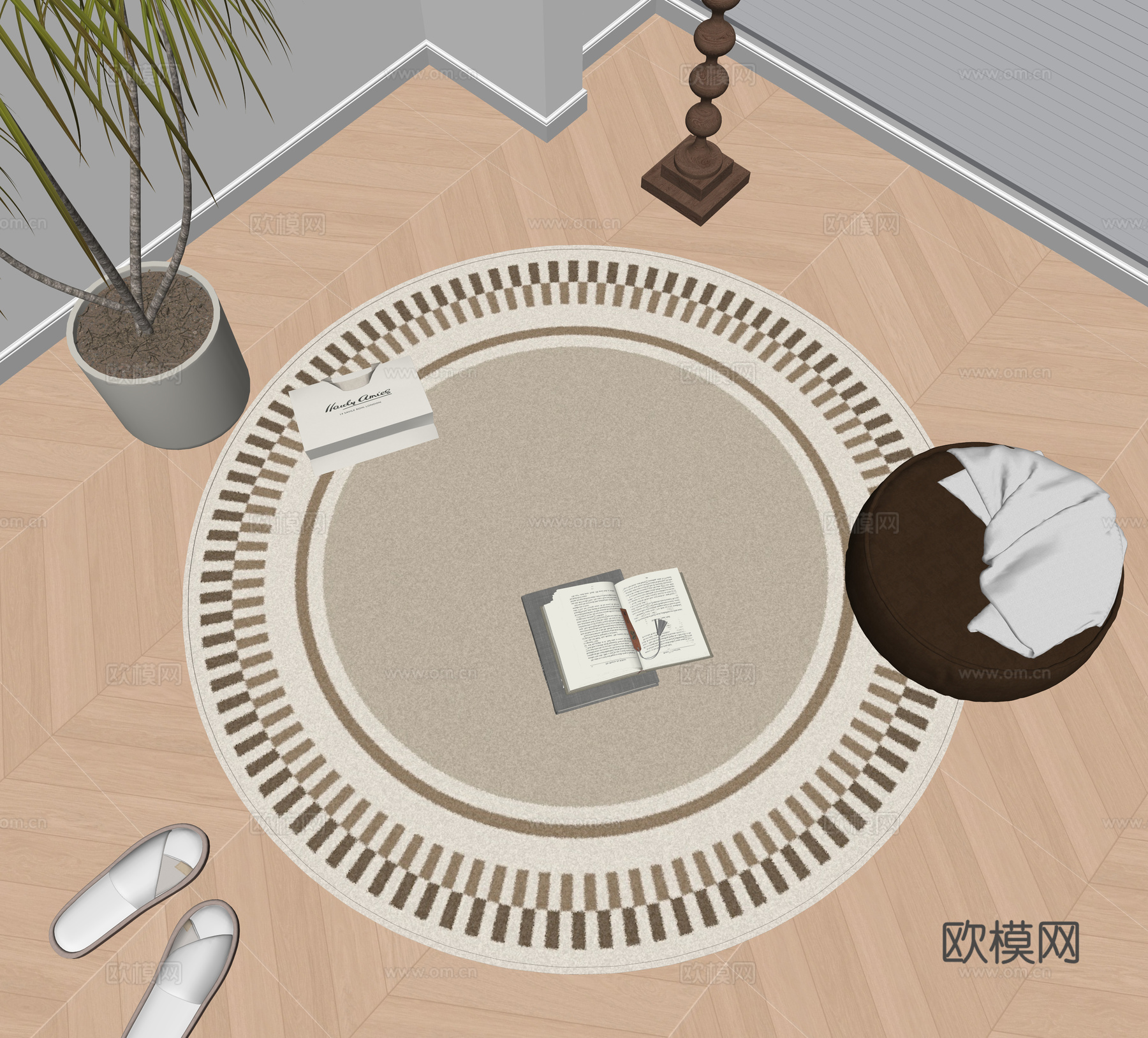 现代圆形地毯 绿植盆栽 书籍摆件su模型