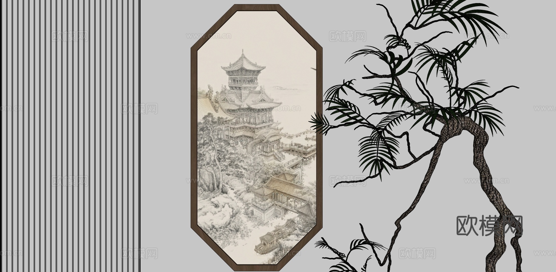 新中式禅意组合挂画su模型