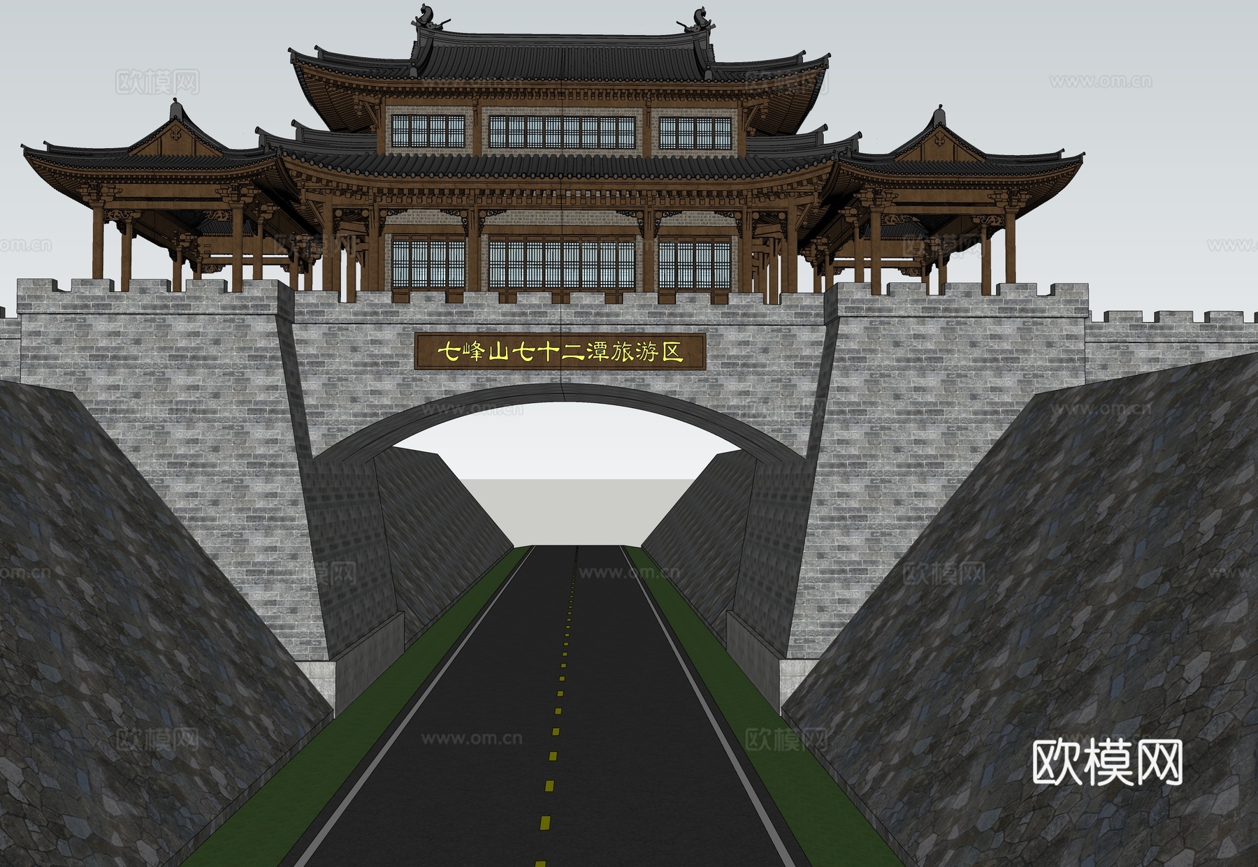 中式古建筑城门 古建城楼su模型