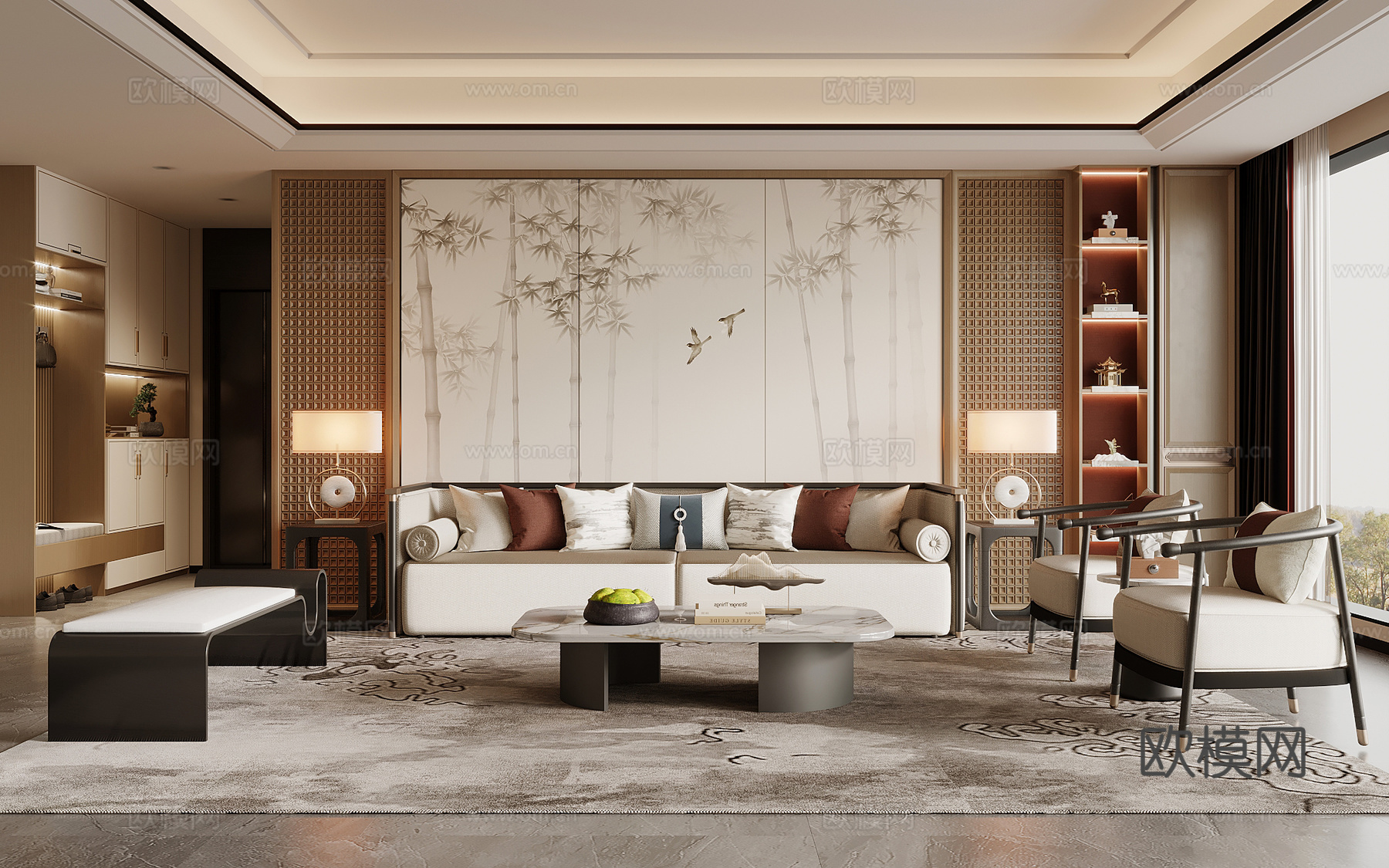 新中式客厅 沙发茶几组合 沙发背景墙su模型