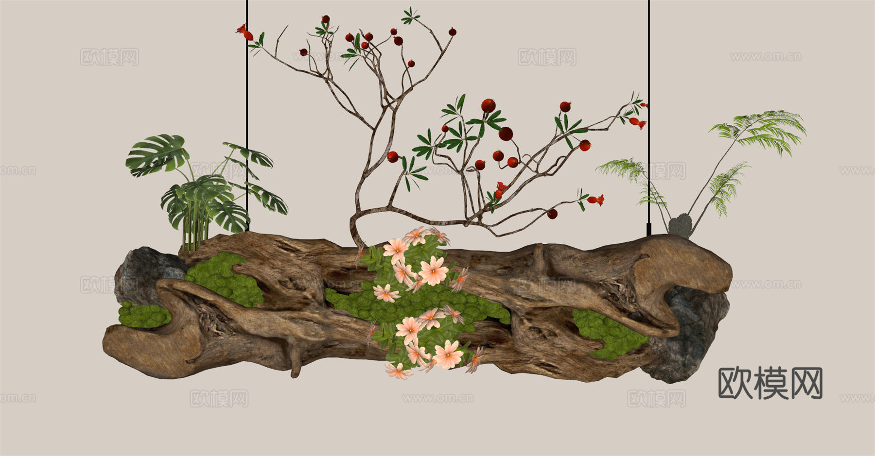 枯木绿植装置 绿植吊饰 枯木 艺术装置 挂件墙饰su模型