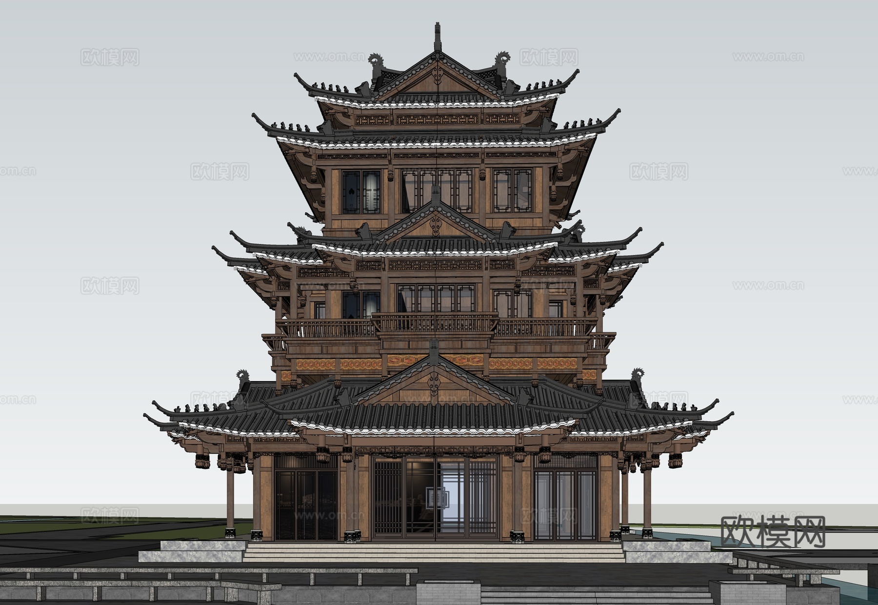 古建商业建筑  仿古塔楼 木质su模型