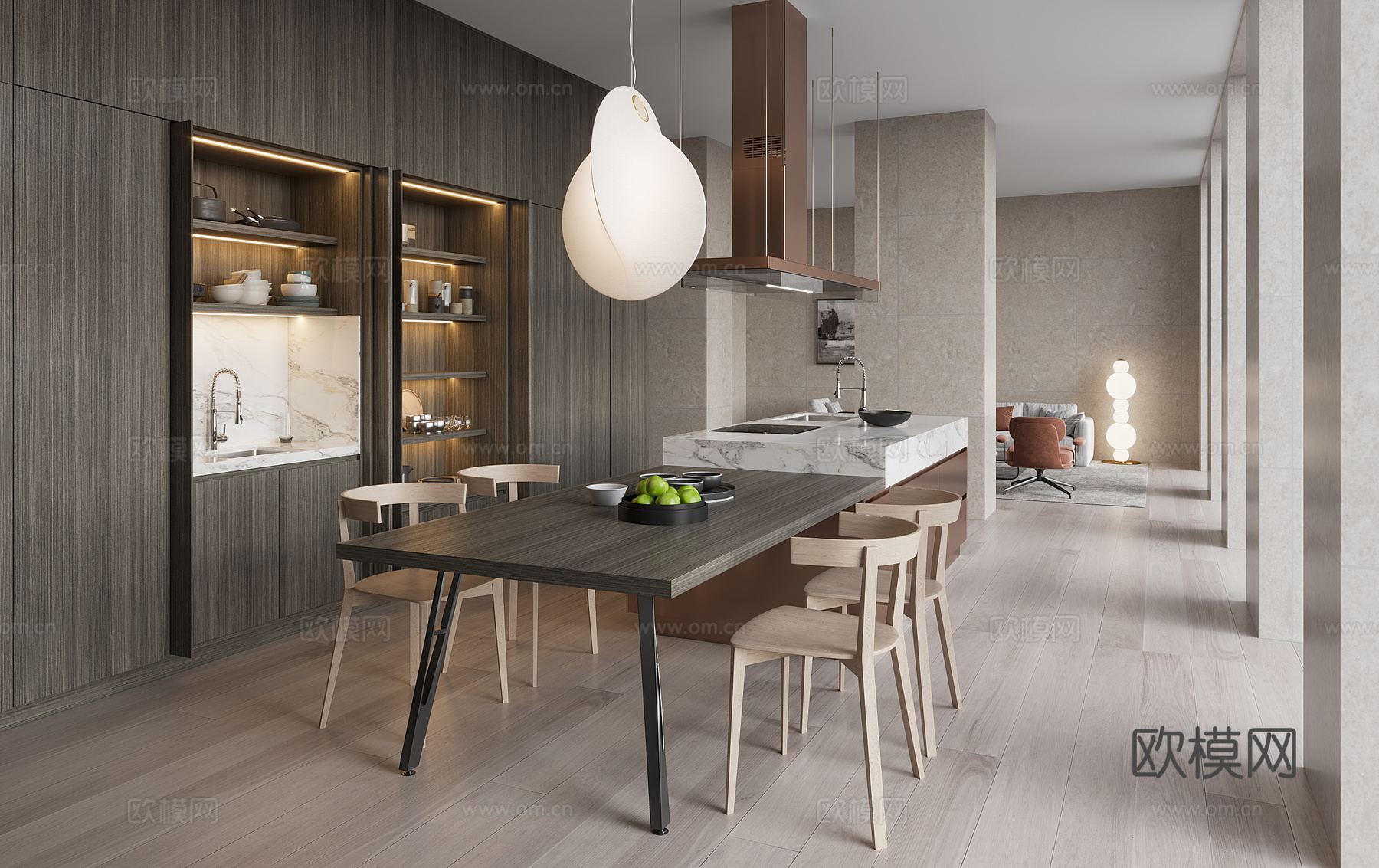 岛台厨房 现代厨房 别墅厨房 开放式厨房 厨房饰品3d模型下载（渲染图1）