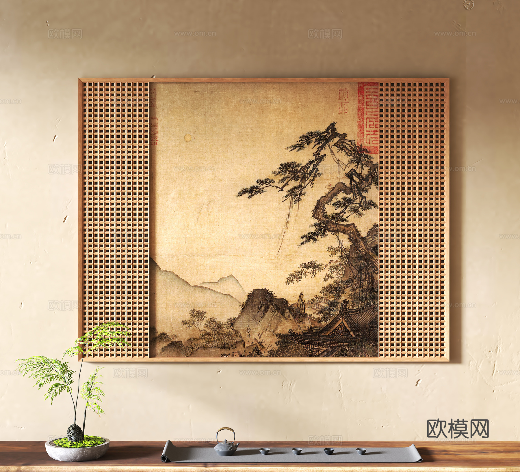 中式装饰挂画 绿植摆件su模型