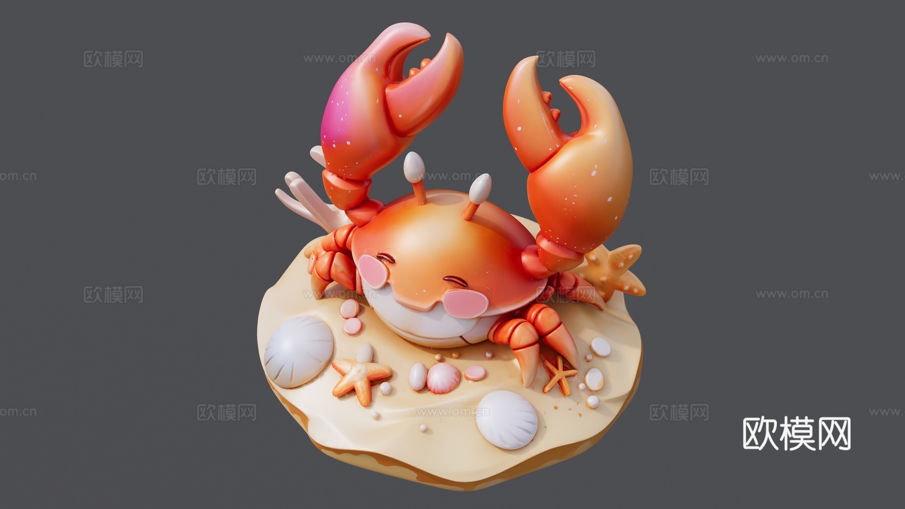 沙滩上的大螃蟹海星贝壳su模型