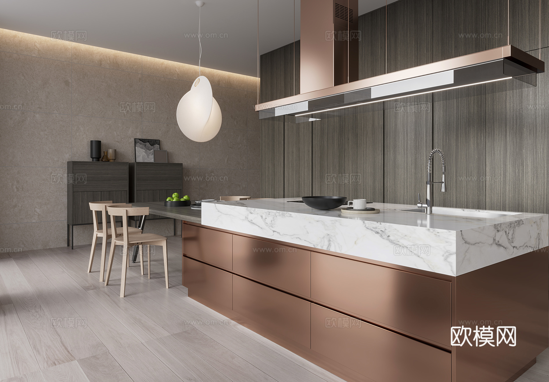 岛台厨房 现代厨房 别墅厨房 开放式厨房 厨房饰品3d模型下载（渲染图2）