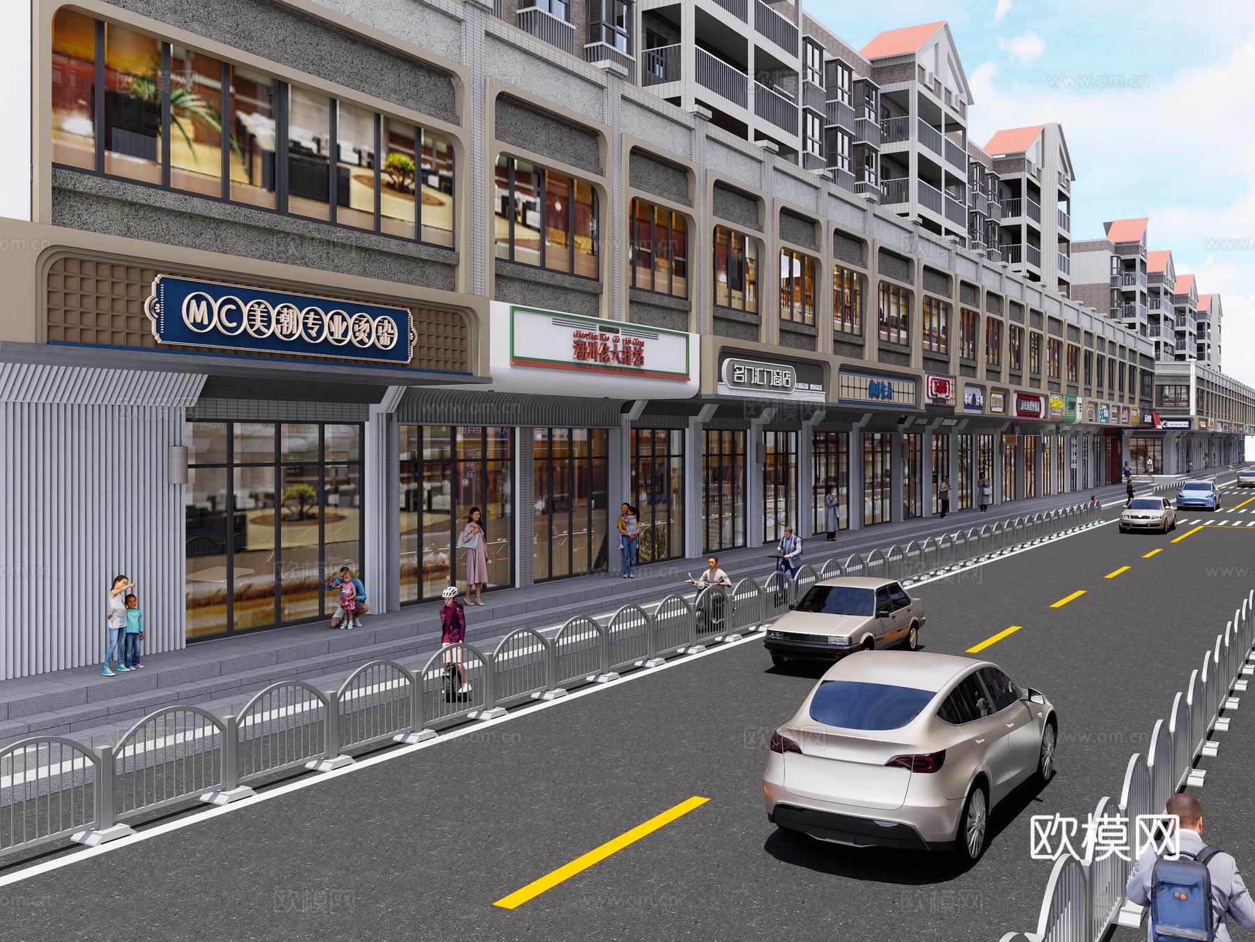 现代商业街 步行美食街 店铺门头 沿街商业街 小吃美食街3d模型下载（渲染图2）