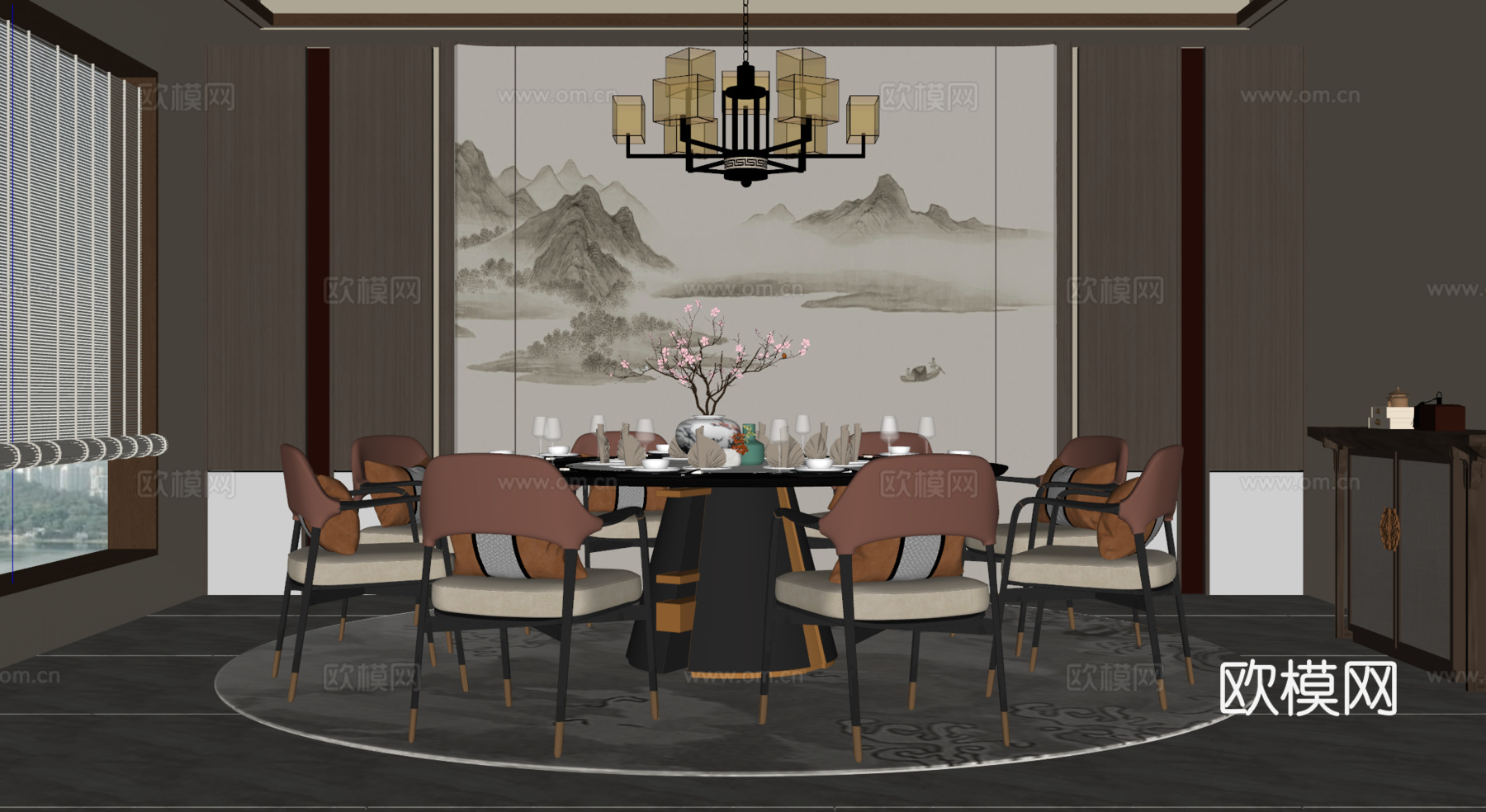 新中式包间 餐桌椅 玄关柜su模型