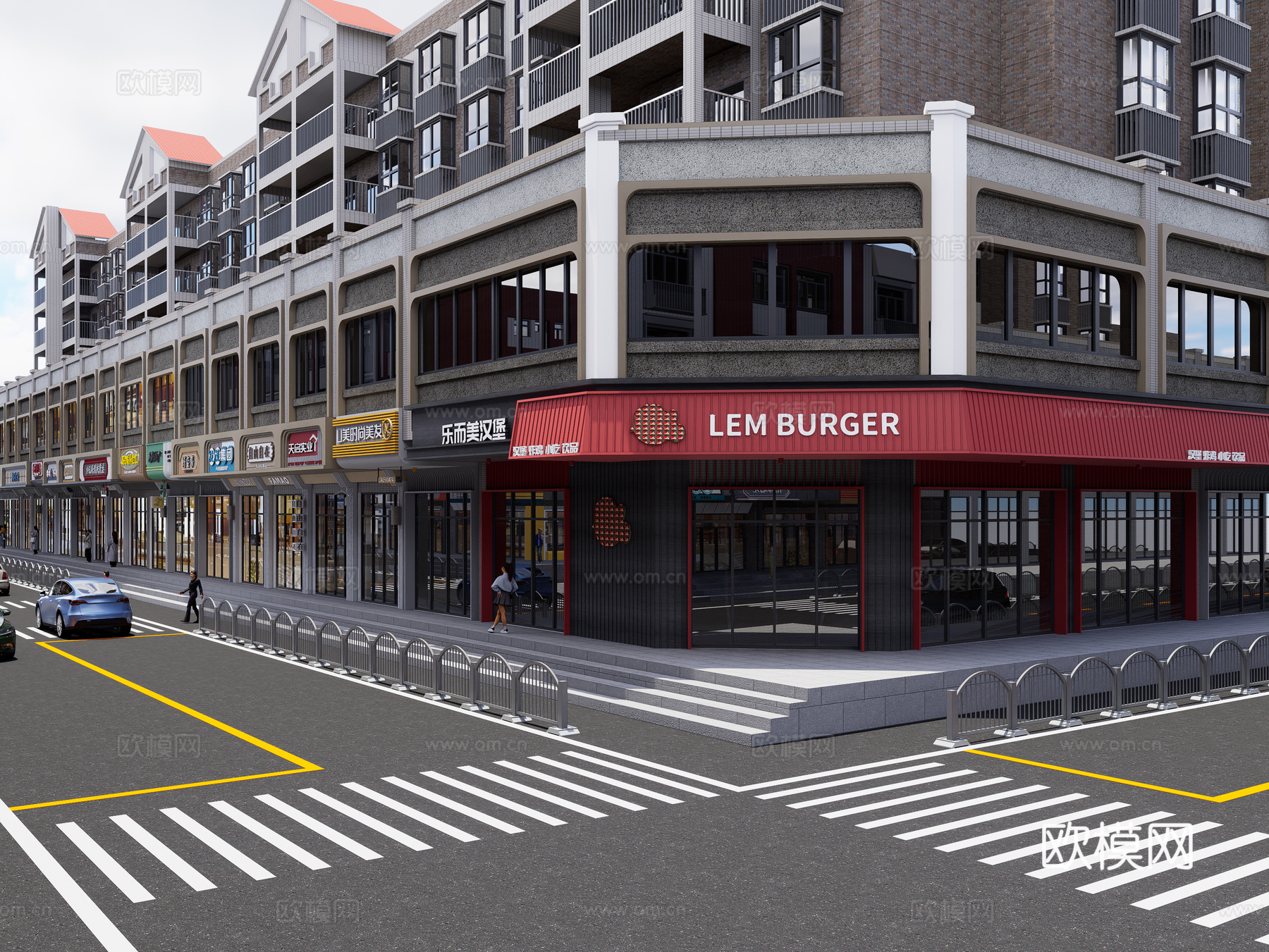 现代商业街 步行美食街 店铺门头 沿街商业街 小吃美食街3d模型下载（渲染图3）