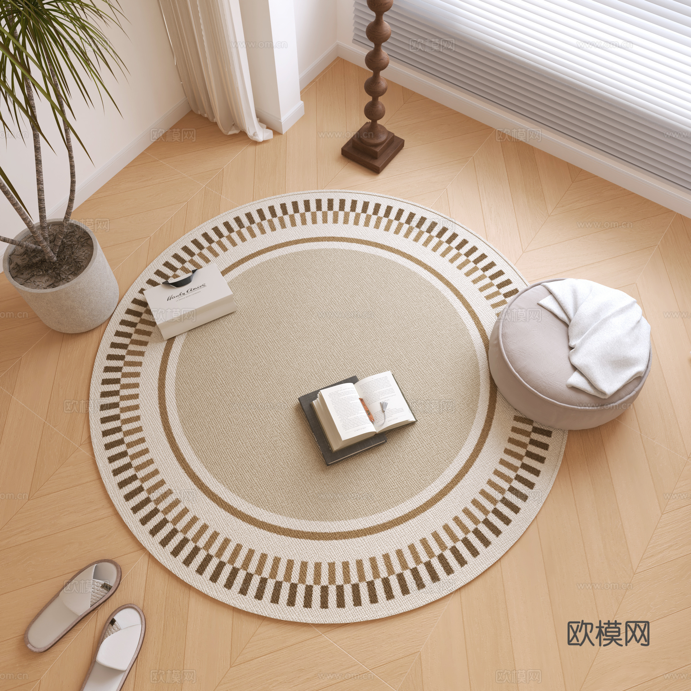 现代圆形地毯 绿植盆栽 书籍摆件su模型