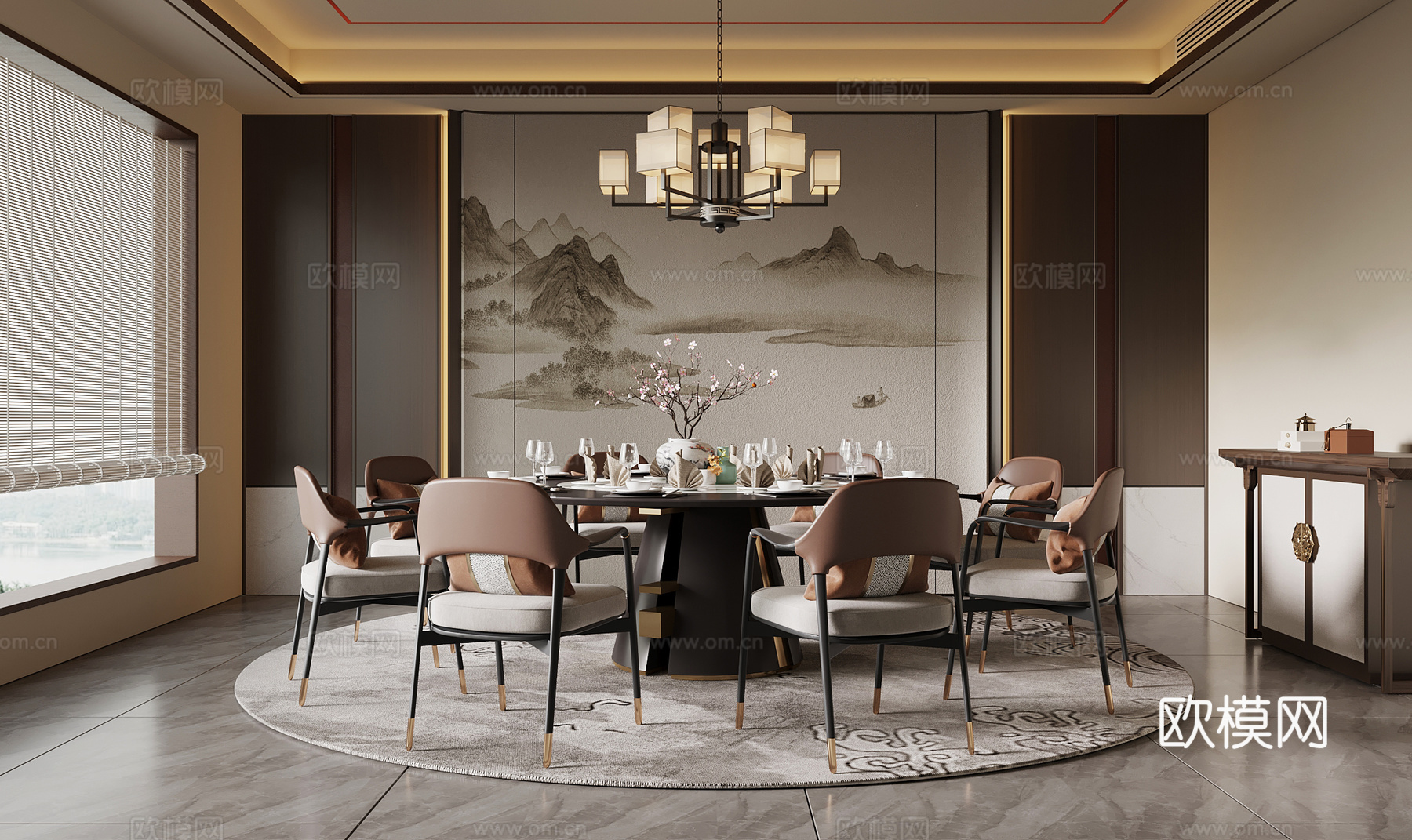 新中式包间 餐桌椅 玄关柜su模型