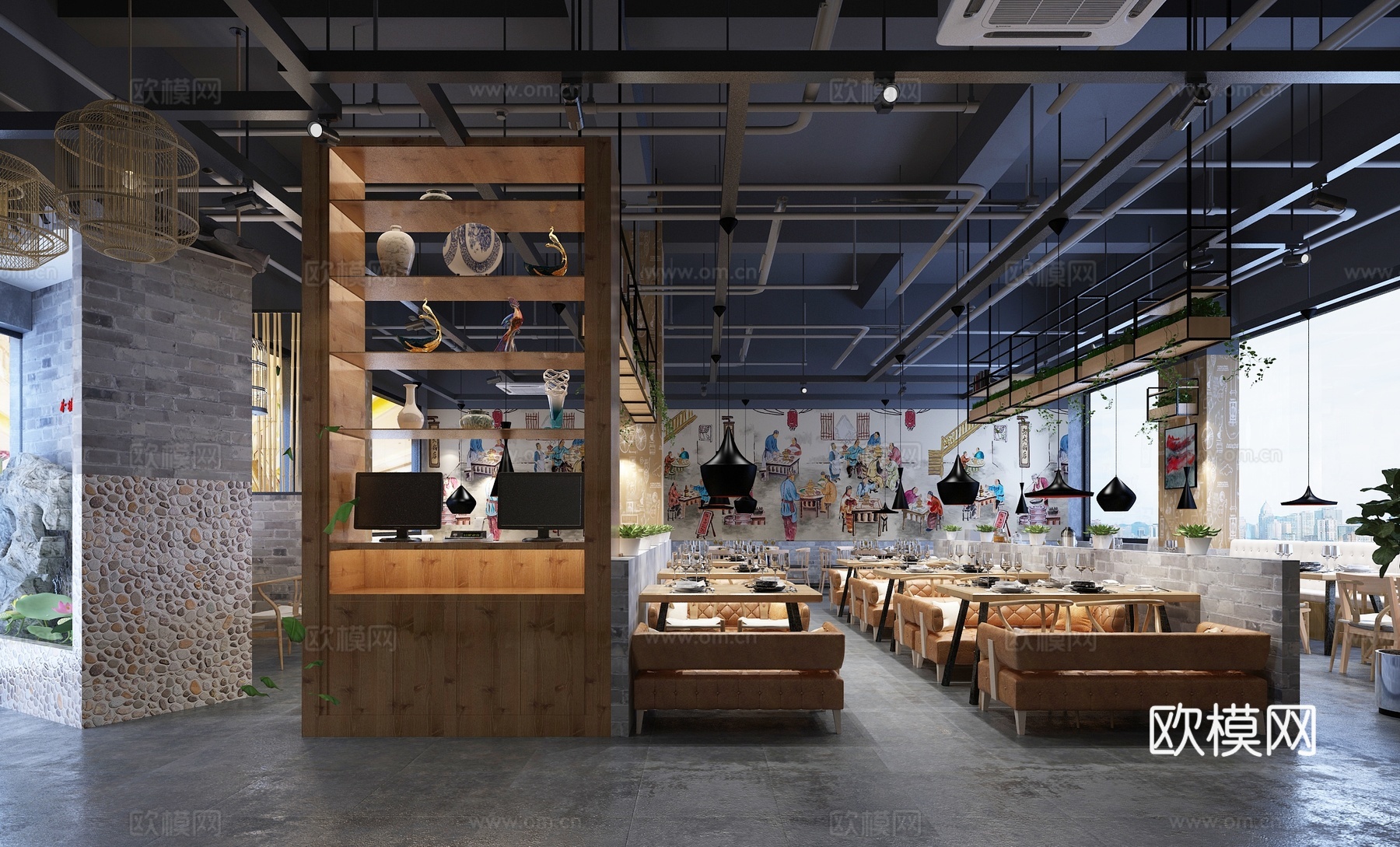 工业风火锅店 前台 吊灯 水池3d模型下载（渲染图1）