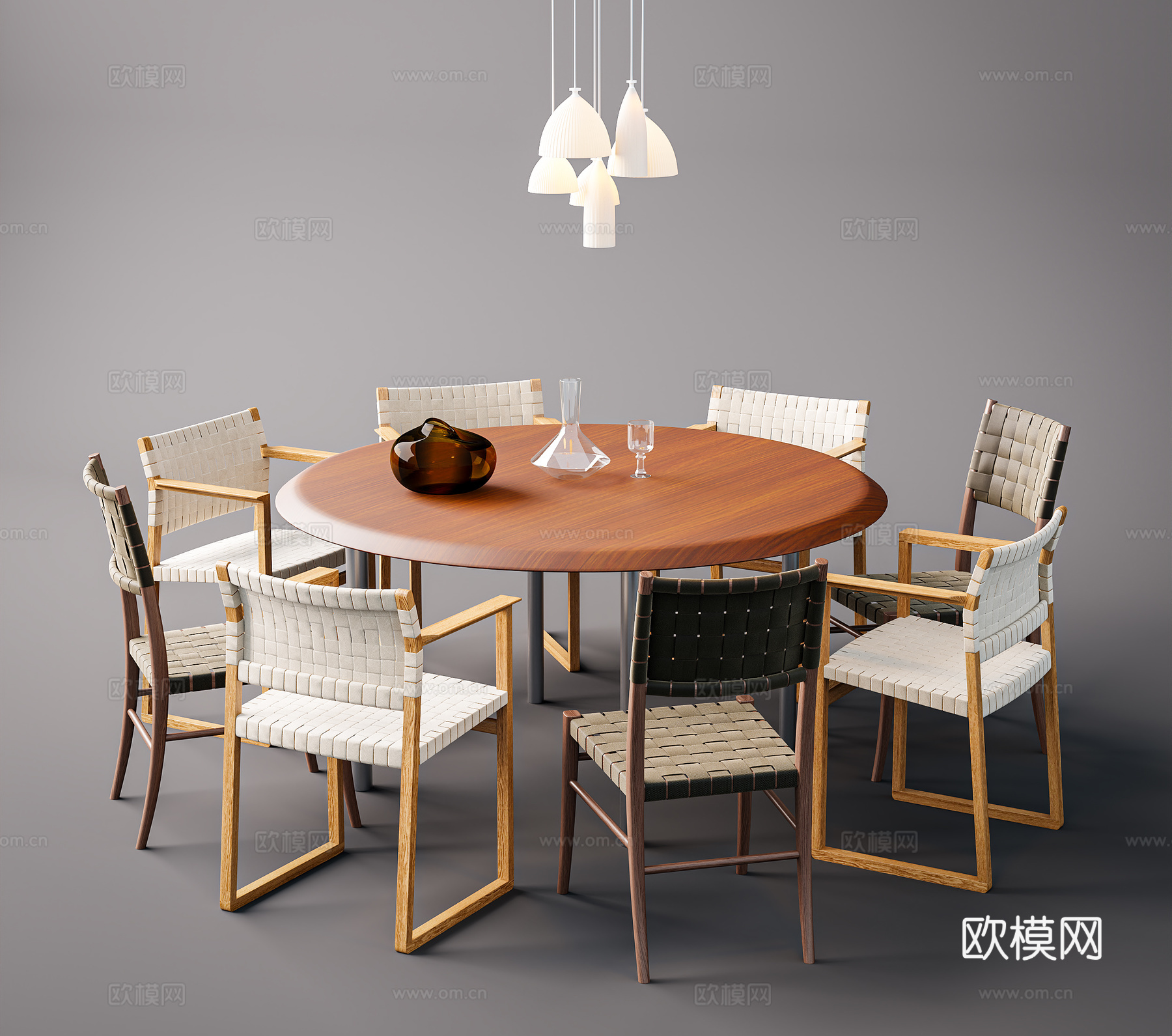 现代休闲桌椅 圆形餐桌 藤编单椅 吊灯玻璃杯3d模型下载（渲染图1）