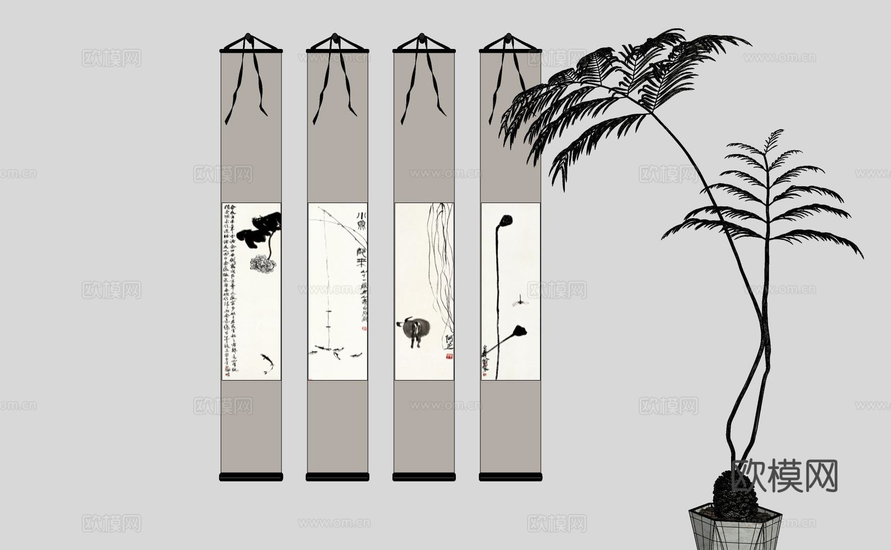 新中式禅意组合挂画su模型