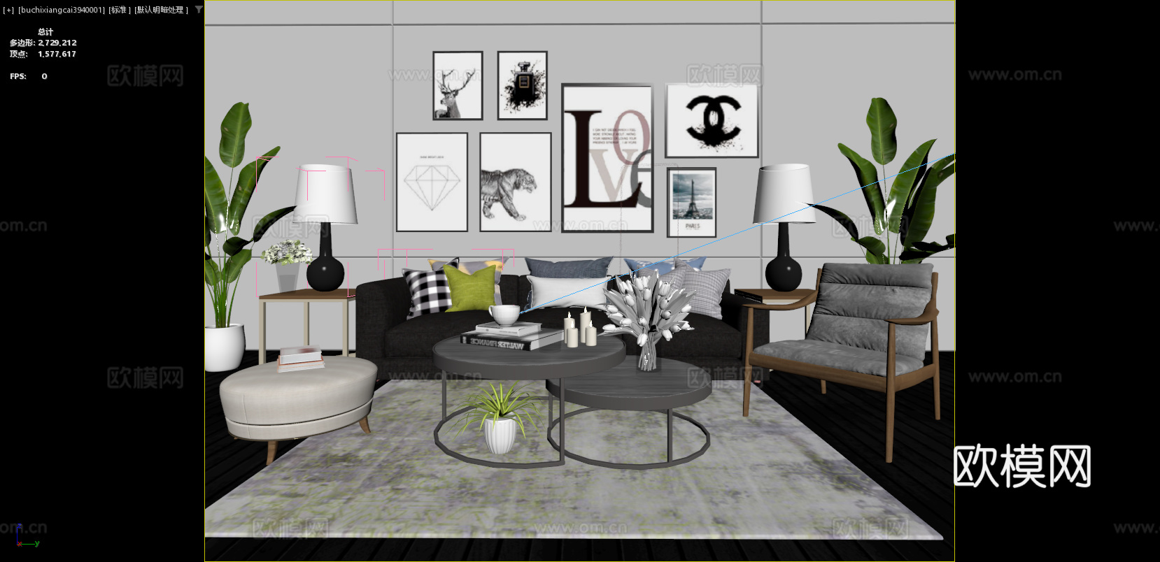 北欧客厅 挂画组合 沙发 单人椅 边几 台灯 茶几 绿植3d模型下载（渲染图3）