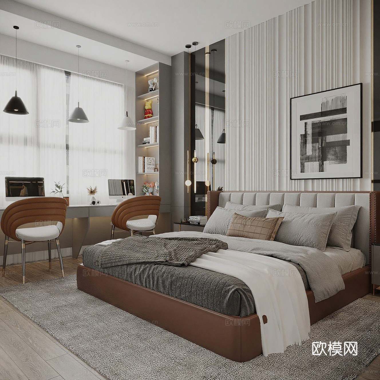 现代简约风格卧室 皮质床 竖条纹背景墙 黑白抽象画 橙白椅免费3d模型