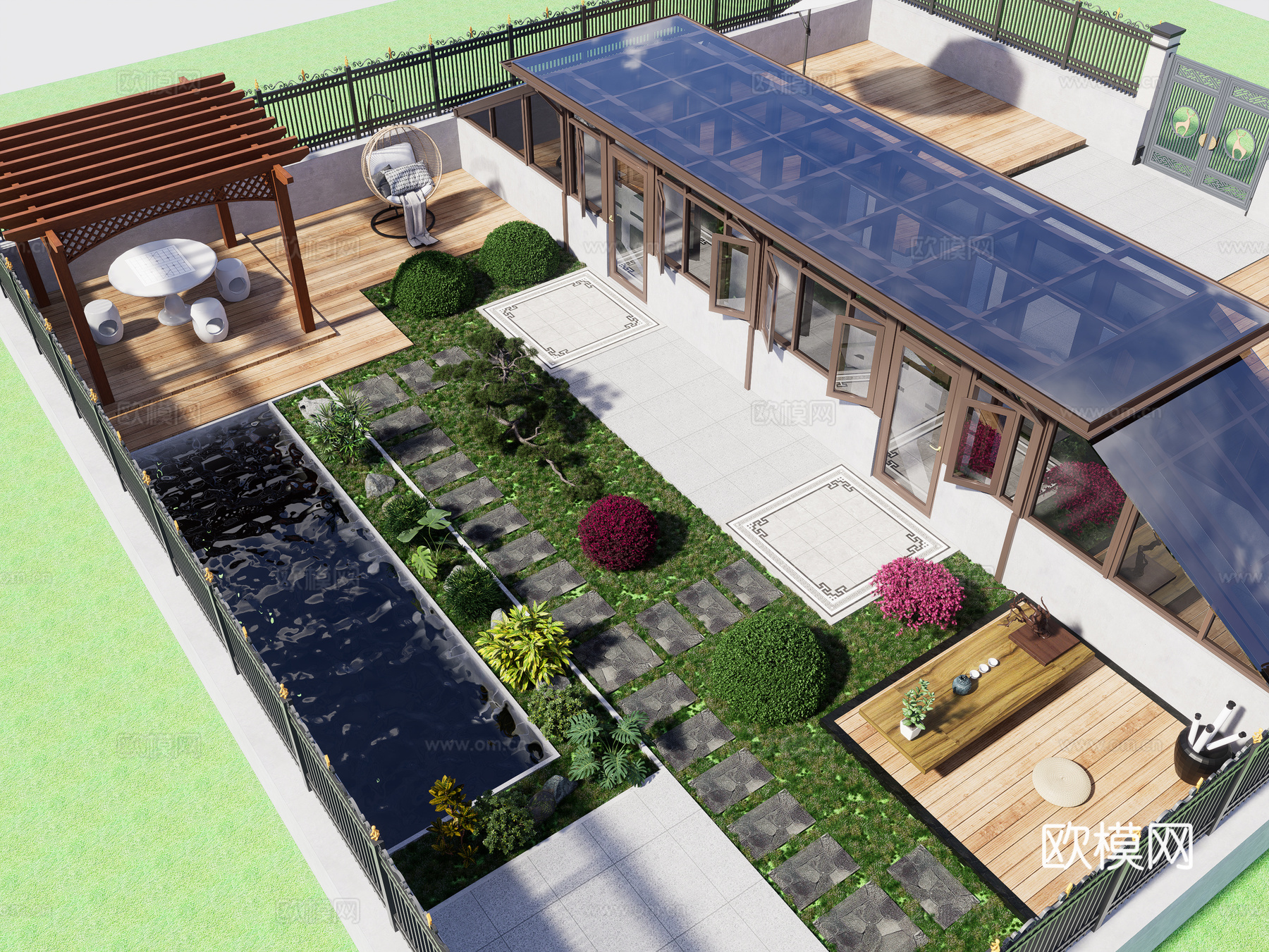 现代玻璃阳光房 庭院阳光房 庭院景观会客厅 屋顶露台阳光房3d模型下载（渲染图2）